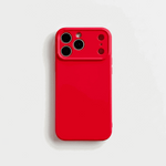 Apple iPhone red silicone case with a smooth finish and raised camera protection around multiple lens cutouts