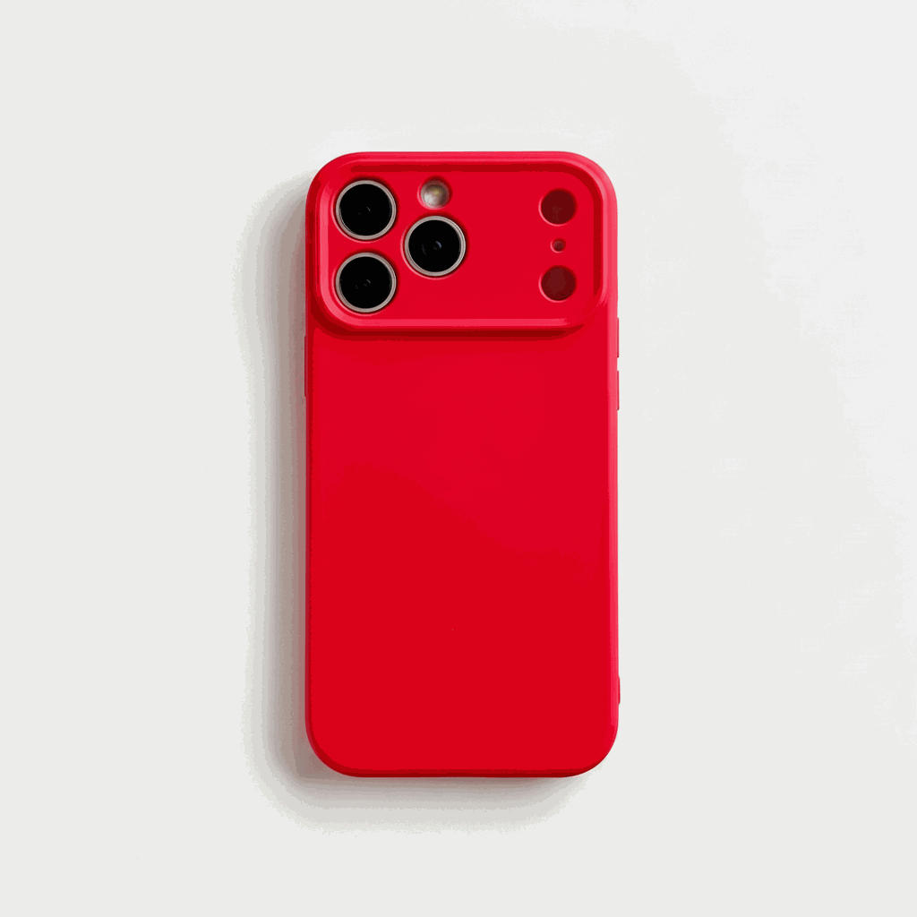 Apple iPhone red silicone case with a smooth finish and raised camera protection around multiple lens cutouts