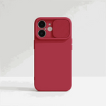 Apple iPhone case in deep red soft silicone with a textured sliding camera lens protector