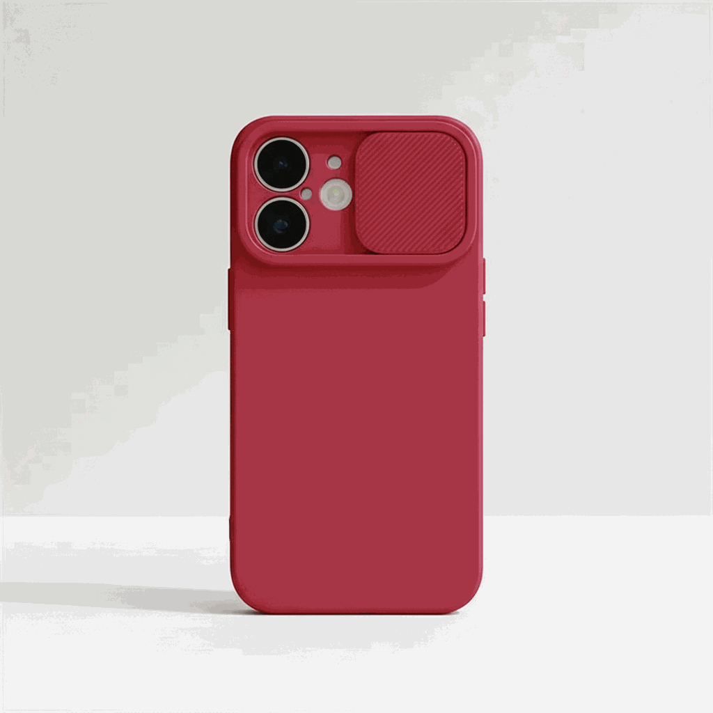 Apple iPhone case in deep red soft silicone with a textured sliding camera lens protector