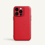 Apple iPhone leather case in bright red with a textured finish, stitched edges and a raised camera surround