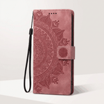 Apple iPhone wallet case in dusty rose embossed leather with ornate mandala pattern, magnetic strap and wrist loop