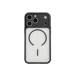 Apple iPhone case with a black rugged frame, frosted translucent back and prominent MagSafe ring and alignment bar