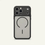 Apple iPhone rugged case with a frosted translucent back, black shock-absorbing edges and MagSafe ring