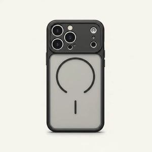 Apple iPhone rugged case with a frosted translucent back, black shock-absorbing edges and MagSafe ring