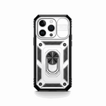 Apple iPhone rugged case in silver and black with a textured geometric shell and central ring kickstand