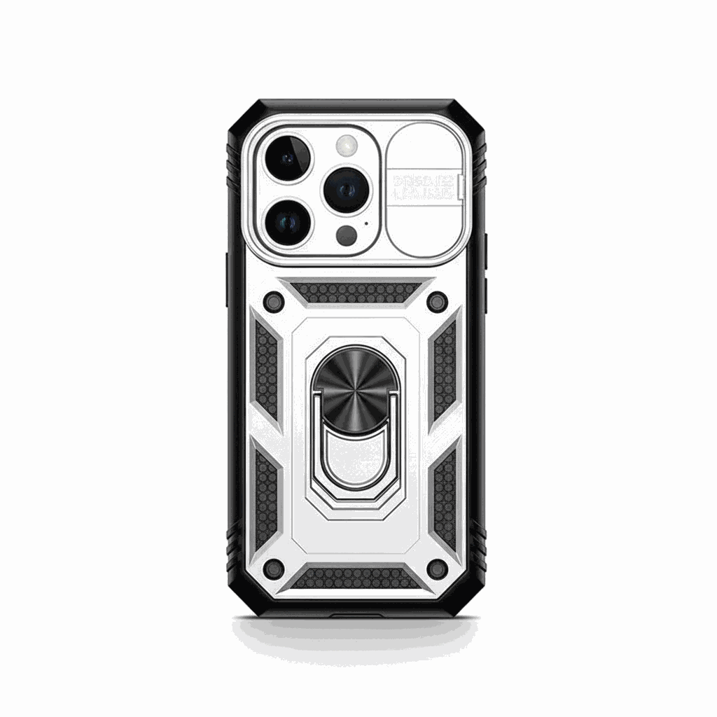 Apple iPhone rugged case in silver and black with a textured geometric shell and central ring kickstand