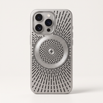 Apple iPhone case in silver-grey with a textured finish, radiating vent slots and a perforated circular MagSafe-style centre