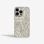 Apple iPhone case in silver-toned textured leopard print with a slim profile and raised protective camera rim