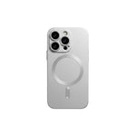 Apple iPhone case in silver with a smooth matte finish, raised camera openings, and a circular magnetic ring.