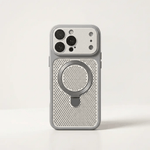 Apple iPhone case in silver with a perforated mesh back, raised camera surround, and integrated circular kickstand
