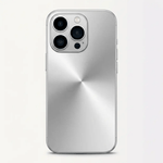 Apple iPhone case in silver with a smooth metallic radial-brushed finish and raised triple-camera lens border