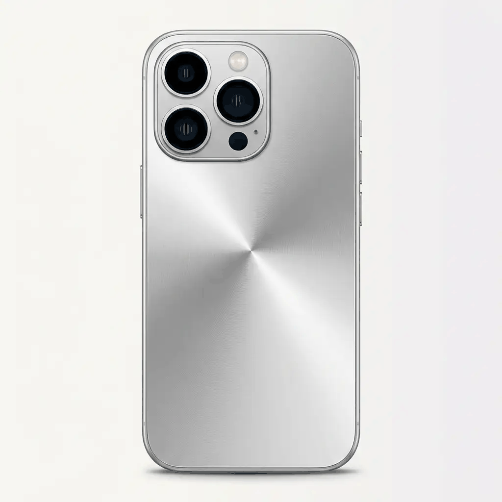 Apple iPhone case in silver with a smooth metallic radial-brushed finish and raised triple-camera lens border
