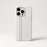 Apple iPhone case in silver with a textured woven carbon-fibre pattern and a narrow central stripe