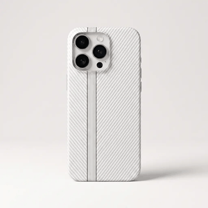 Apple iPhone case in silver with a textured woven carbon-fibre pattern and a narrow central stripe