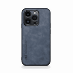 Apple iPhone case in slate blue textured leather-look material with a slim design and raised multi-lens camera surround