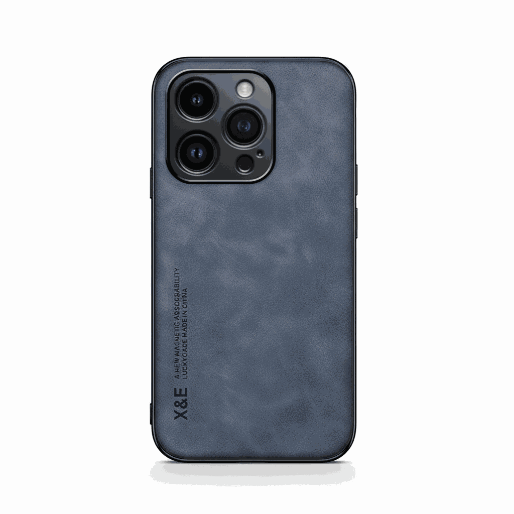 Apple iPhone case in slate blue textured leather-look material with a slim design and raised multi-lens camera surround