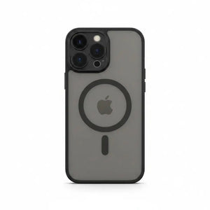 Apple iPhone case with a smoky gray semi-translucent matte back, black bumper and visible MagSafe ring