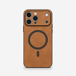 Apple iPhone leather MagSafe case in tan brown with a textured finish, black edging and raised camera surround