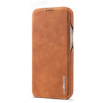 Apple iPhone wallet case in tan leather-look material with stitched edges, a flip cover and slim profile