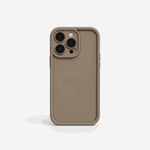 Apple iPhone protective case in taupe silicone with a smooth finish, raised bumper edges and triple-camera cutout