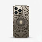 Apple iPhone case in taupe with a textured finish, radiating vent slots, and a circular magnetic grid.