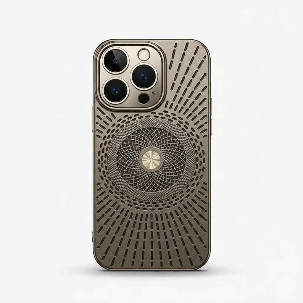 Apple iPhone case in taupe with a textured finish, radiating vent slots, and a circular magnetic grid.