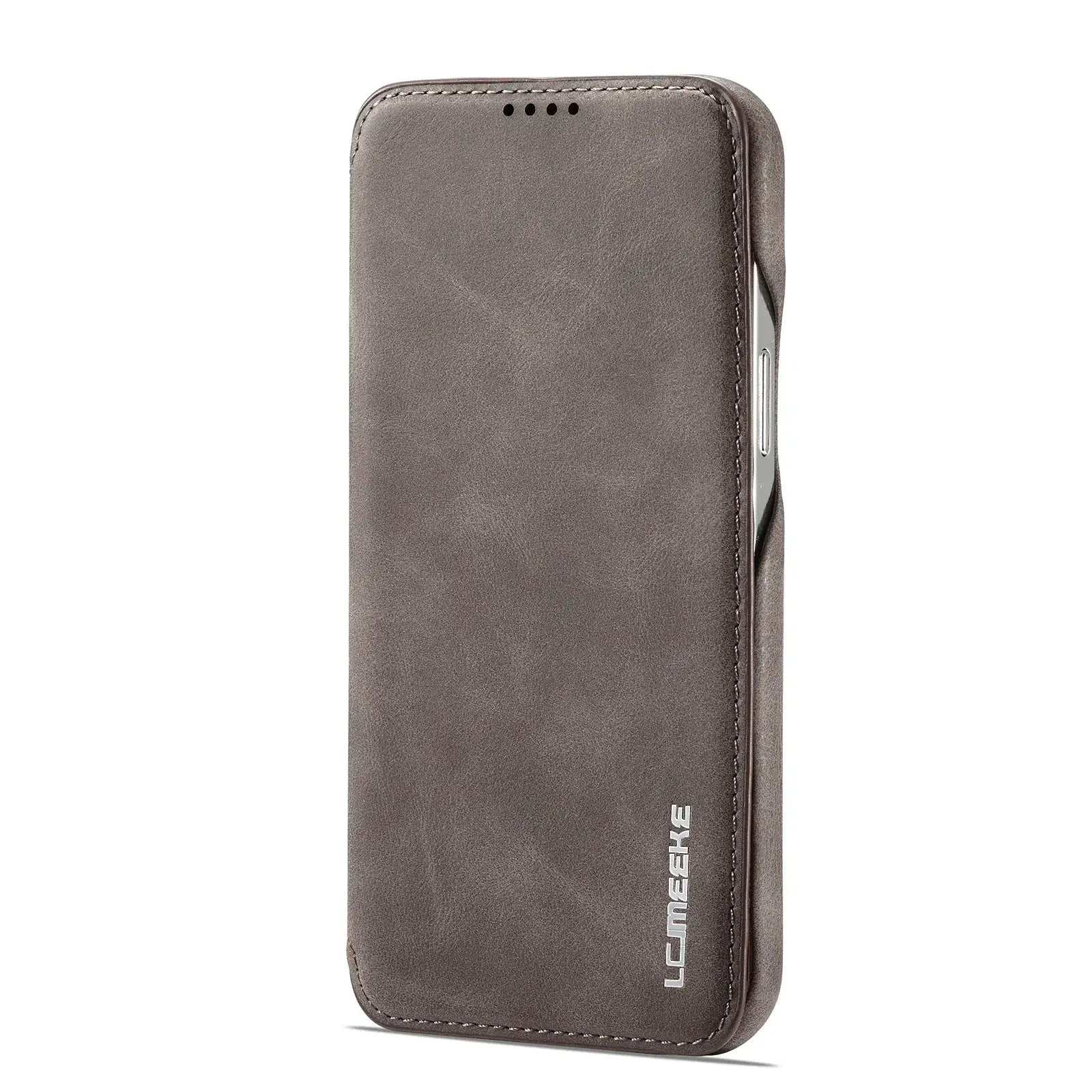 Apple iPhone wallet case in taupe textured leather-look material with stitched edges and a protective flip cover