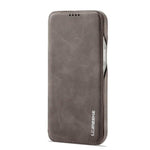Apple iPhone wallet case in taupe textured leather-look material with stitched edges and a protective flip cover