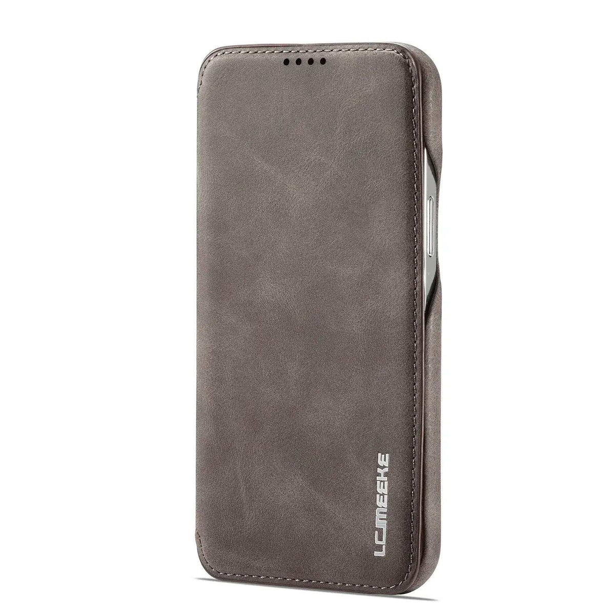 Apple iPhone wallet case in taupe textured leather-look material with stitched edges and a protective flip cover