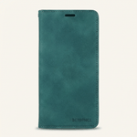 Apple iPhone wallet case in teal with a brushed leather-like texture, stitched edges and a slim earpiece slot