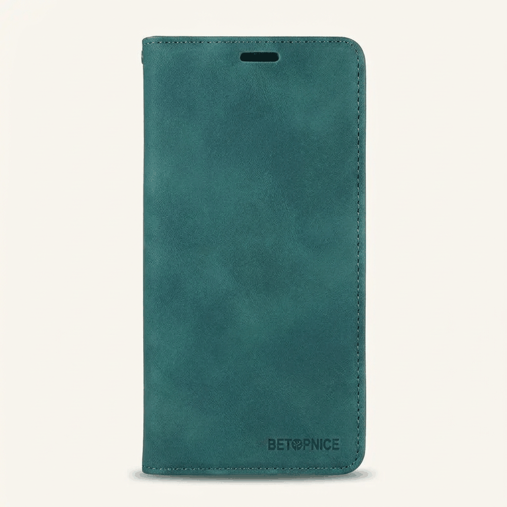 Apple iPhone wallet case in teal with a brushed leather-like texture, stitched edges and a slim earpiece slot