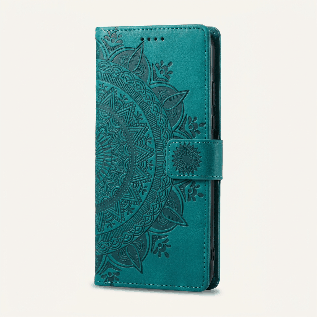Apple iPhone wallet case in teal embossed leather with an ornate mandala pattern and magnetic side strap