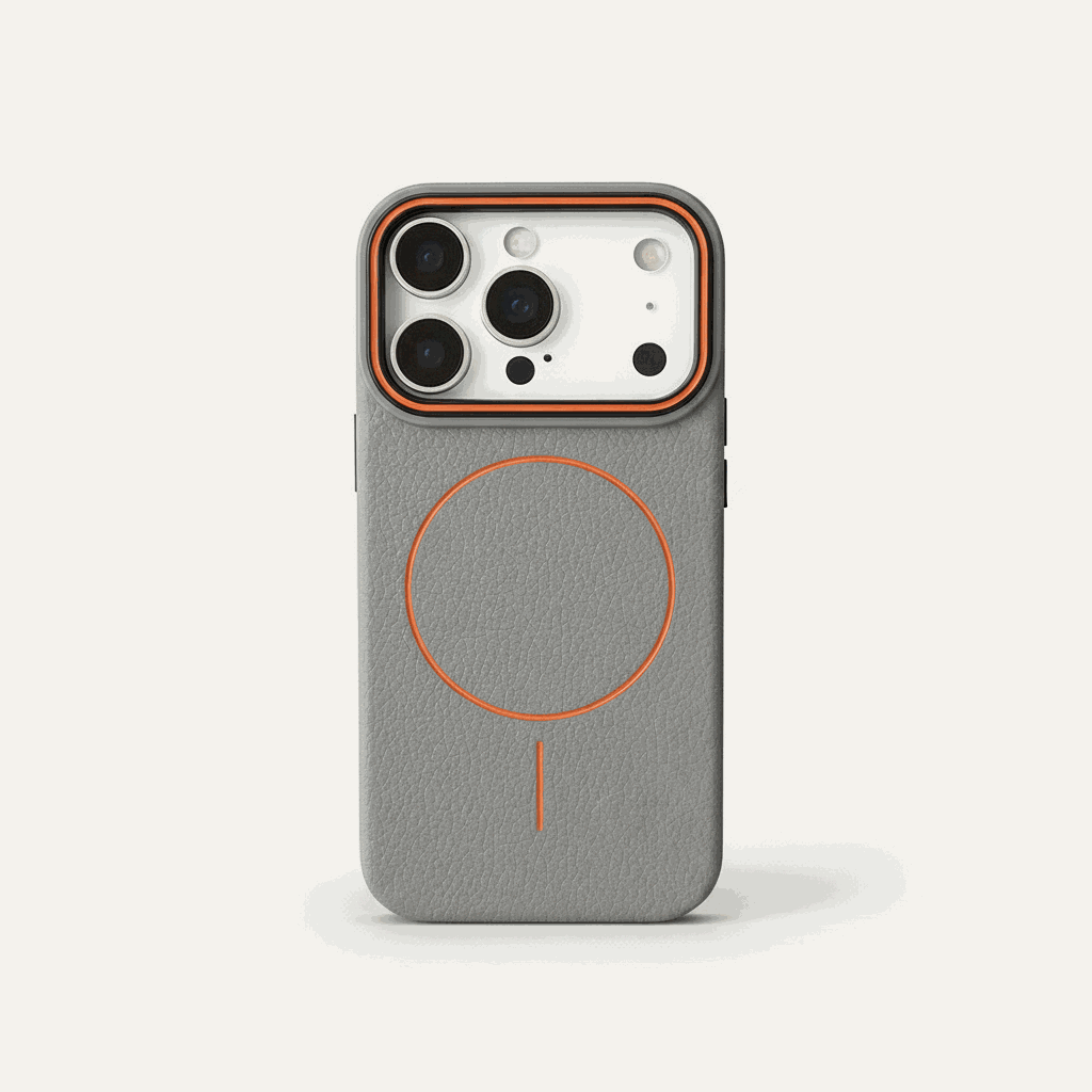 Apple iPhone case in textured gray material with orange MagSafe ring and accent, plus a raised camera rim