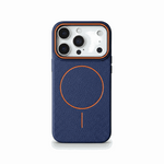 Apple iPhone case in textured navy blue with orange MagSafe ring and trim, plus a raised camera edge.