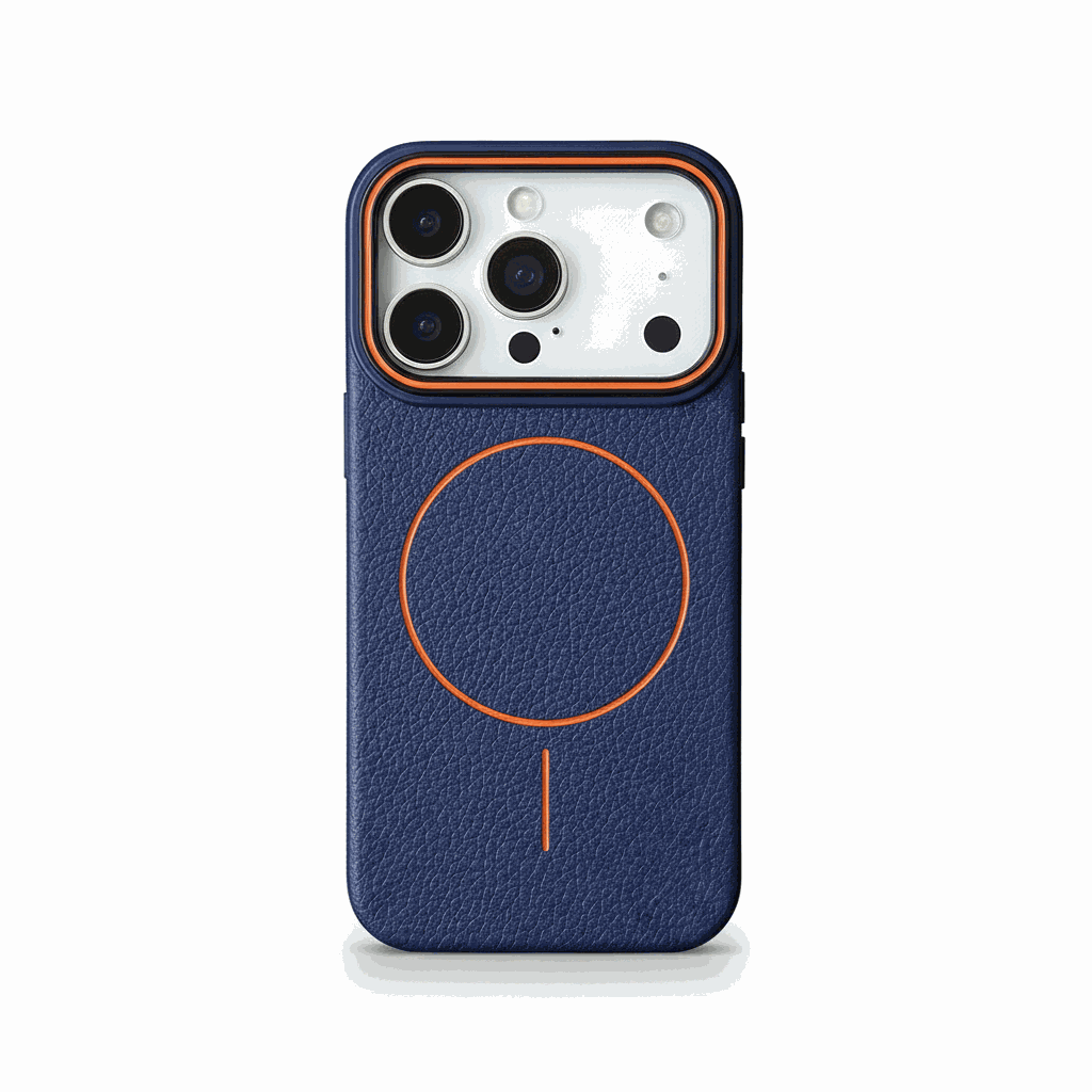 Apple iPhone case in textured navy blue with orange MagSafe ring and trim, plus a raised camera edge.