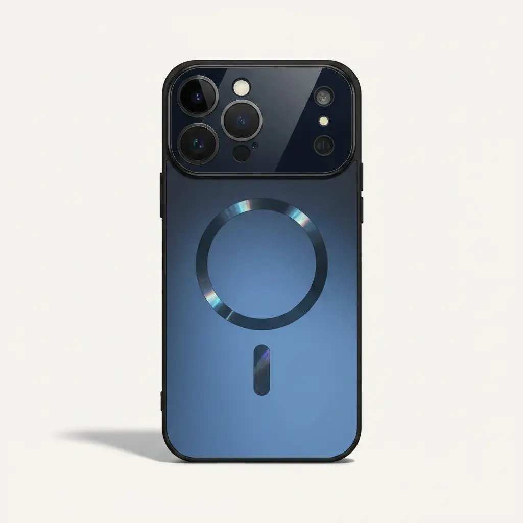 Apple iPhone - Titanium Magnetic Mirror Case in blue with a smooth glossy back, iridescent magnetic ring and raised camera surround