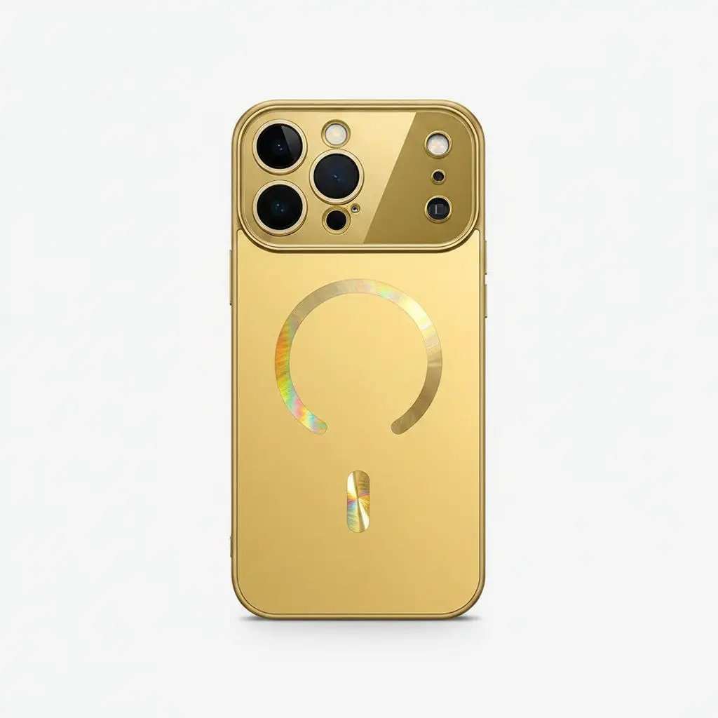 Apple iPhone - Titanium Magnetic Mirror Case in gold with a smooth metallic finish and iridescent magnetic ring