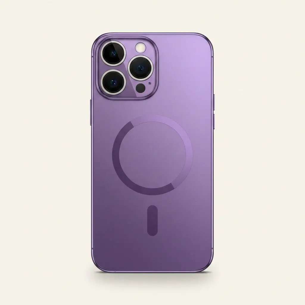 Apple iPhone - Titanium Magnetic Mirror Case in purple with a smooth reflective finish, magnetic ring and raised camera bezel.