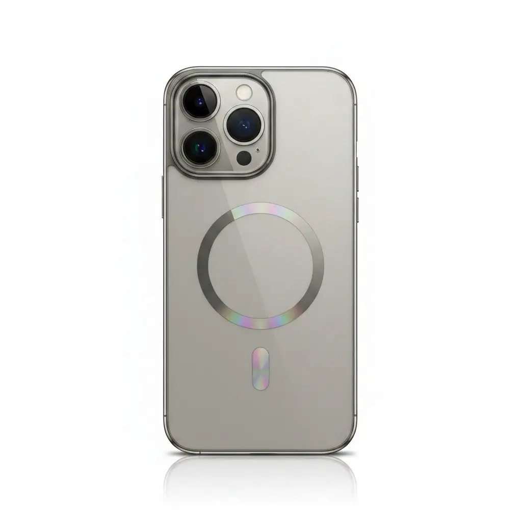 Apple iPhone - Titanium Magnetic Mirror Case with a silver reflective back, iridescent magnetic ring and raised camera surround