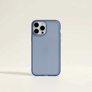 Apple iPhone case in translucent pale blue with a fine vertical stripe texture and dark blue raised camera edging