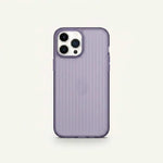 Apple iPhone case in translucent lavender with a raised vertical stripe texture and a protective camera opening