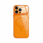 Apple iPhone case in translucent orange with a glossy finish, MagSafe ring and raised camera protector