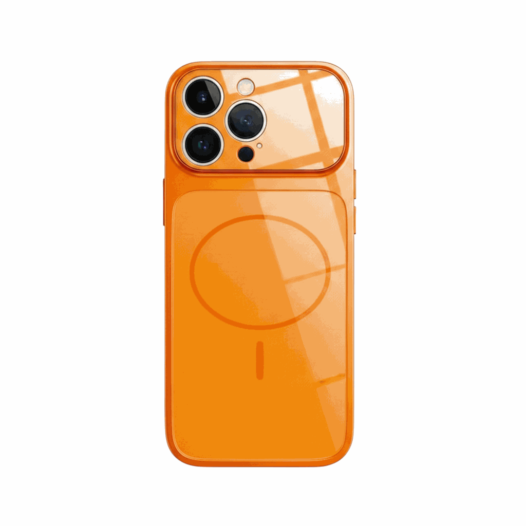 Apple iPhone case in translucent orange with a glossy finish, MagSafe ring and raised camera protector