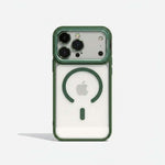Apple iPhone case in translucent white with dark green edges, a raised camera guard and magnetic ring stand
