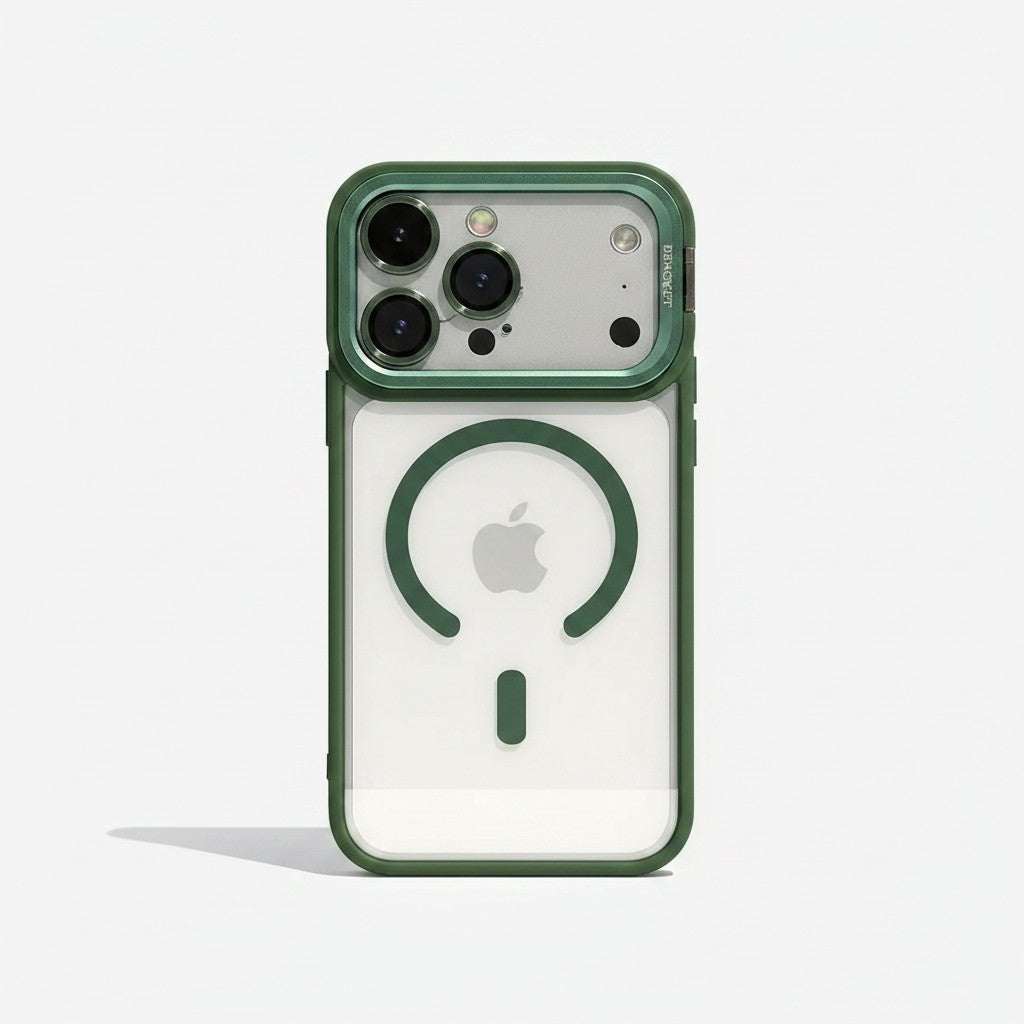 Apple iPhone case in translucent white with dark green edges, a raised camera guard and magnetic ring stand