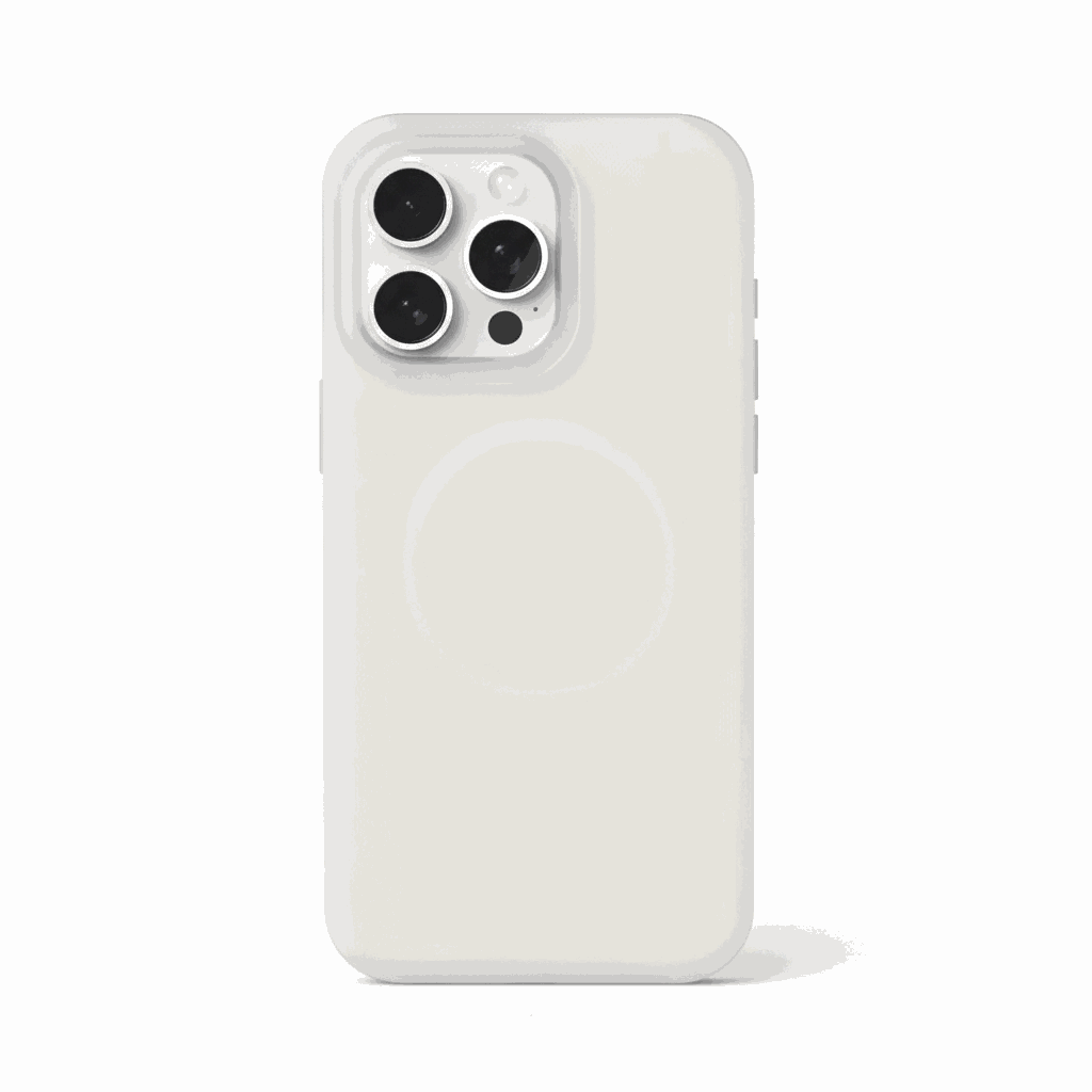 Apple iPhone case in translucent white with a smooth finish, raised triple-camera cutout and circular MagSafe ring