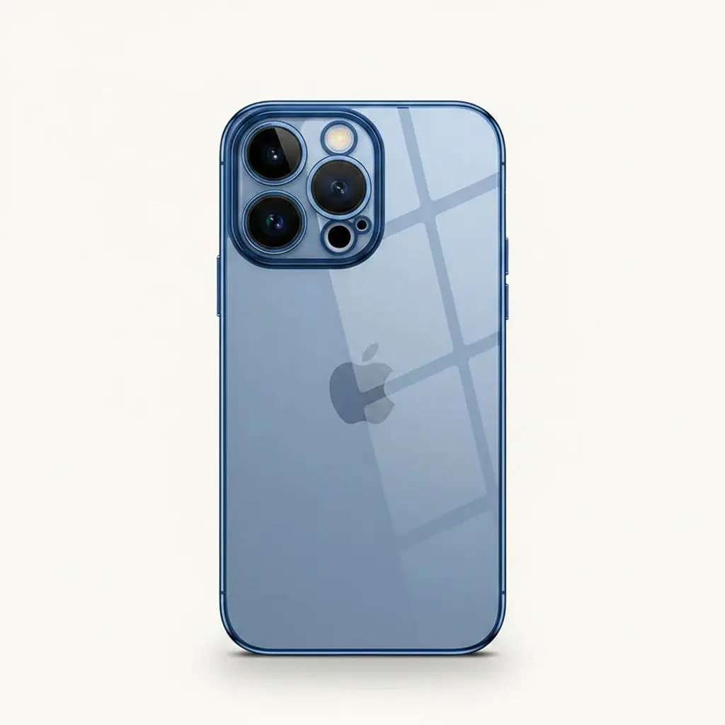 Apple iPhone in a transparent blue-tinted case with a slim profile, raised edges and precise triple-camera cutout
