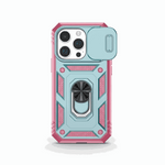 Apple iPhone rugged case in turquoise and pink with a raised geometric frame, camera cover, and rotating ring stand