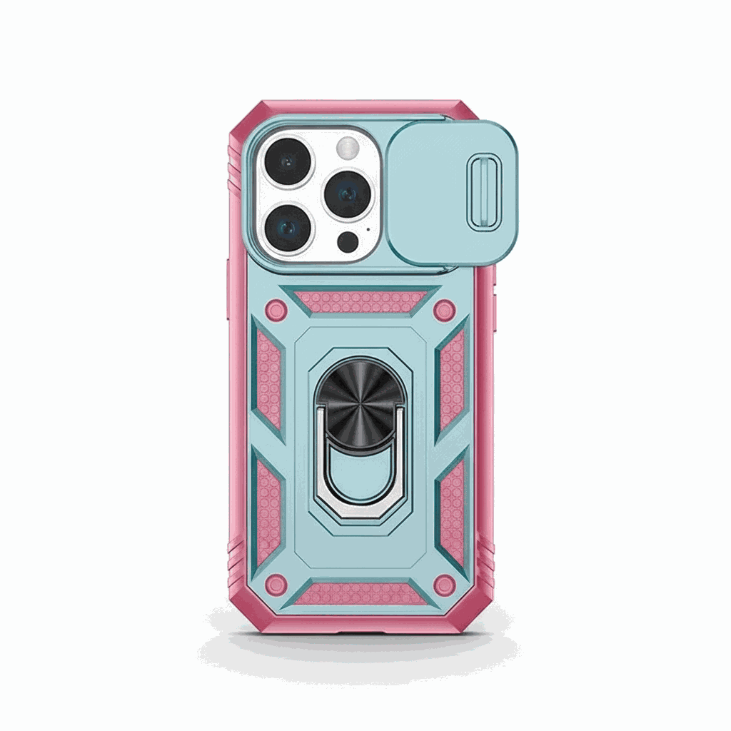 Apple iPhone rugged case in turquoise and pink with a raised geometric frame, camera cover, and rotating ring stand